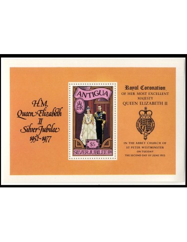 SELLOS DE ANTIGUA 1977 - 25 ANIVERSARIO DE LA CORONACION DE ISABEL II DE INGLATERRA - HOJITA BLOQUE