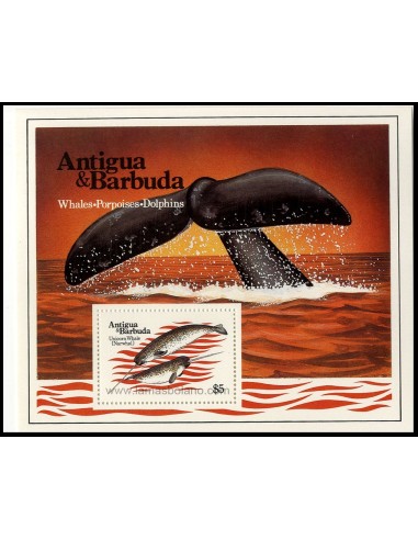 SELLOS DE ANTIGUA BARBUDA 1983 - FAUNA MAMIFEROS MARINOS - HOJITA BLOQUE