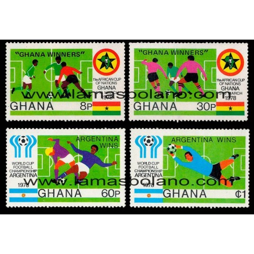 SELLOS GHANA 1978 - CAMPEONES COPA DE LAS NACIONES AFRICANAS T COPA DEL MUNDO ARGENTINA 78 - 4 VALORES - CORREO