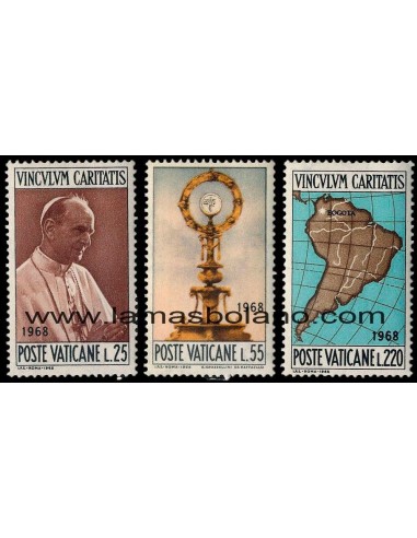 SELLOS VATICANO 1968 - 39 CONGRESO EUCARISTICO INTERNACIONAL EN BOGOTA - 3 VALORES - CORREO
