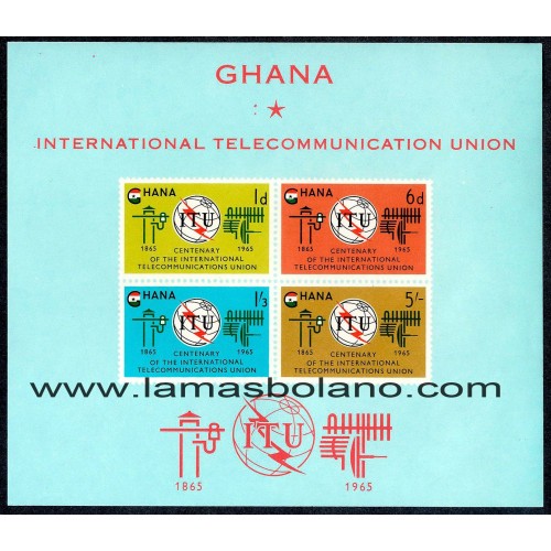 SELLOS GHANA 1965 - UNION INTERNACIONAL DE TELECOMUNICACIONES CENTENARIO - HOJITA BLOQUE SIN DENTAR