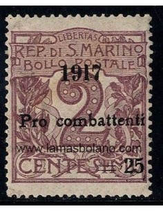 SELLOS SAN MARINO 1917 - PRO COMBATIENTES - 1 VALOR * FIJASELLO SOBRECARGADO - CORREO