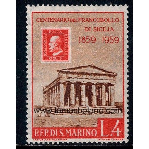 SELLOS SAN MARINO 1959 - CENTENARIO DEL SELLO DE SICILIA, TEMPLO DE LA CONCORDIA EN AGRIGENTE - 1 VALOR - CORREO