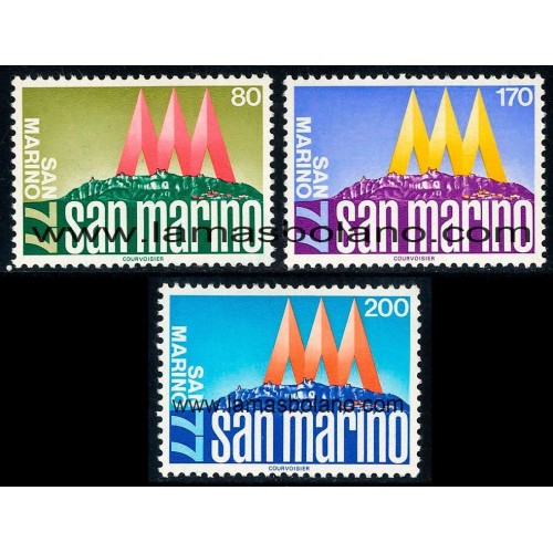 SELLOS SAN MARINO 1977 - SAN MARINO 77 EXPOSICION FILATELICA INTERNACIONAL - 3 VALORES - CORREO