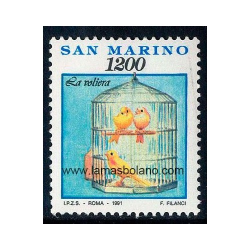 SELLOS SAN MARINO 1991 - ANIMALES DOMESTICOS. JAULA Y CANARIOS - 1 VALOR - CORREO