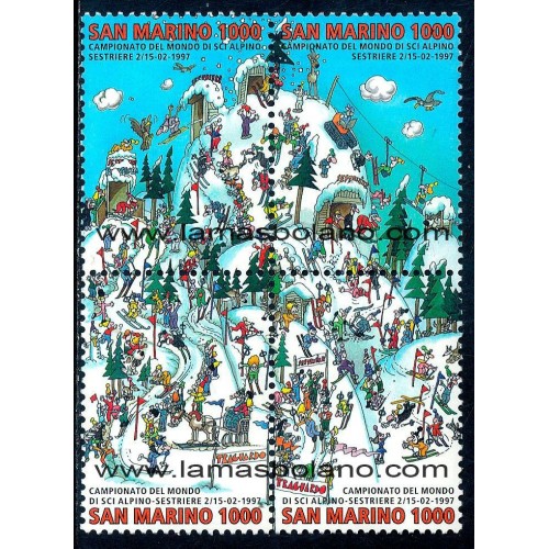 SELLOS SAN MARINO 1997 - CAMPEONATOS DEL MUNDO DE ESQUI ALPINO EN SESTRIERES - 4 VALORES BLOQUE 4 - CORREO