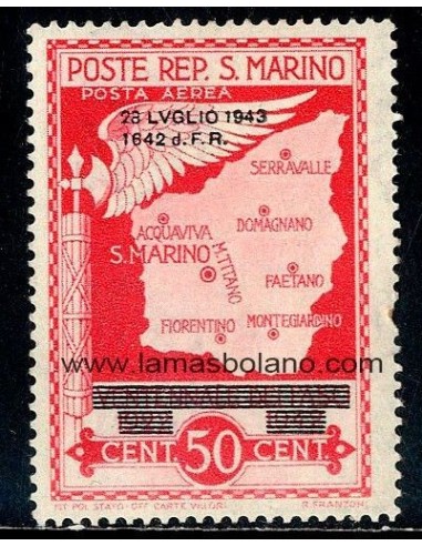 SELLOS SAN MARINO 1943 - GOLPE DE ESTADO DEL 28 JULIO 1943 - 1 VALOR * FIJASELLO SOBRECARGADO - CORREO