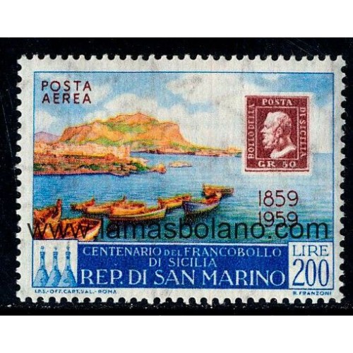SELLOS SAN MARINO 1959 - CENTENARIO DEL SELLO DE SICILIA - 1 VALOR FIJASELLO - AEREO