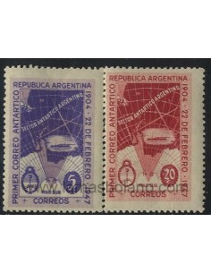 SELLOS DE ARGENTINA 1947 - ANIVERSARIO DEL PRIMER CORREO ANTARTICO ARGENTINA - 2 VALORES - CORREO