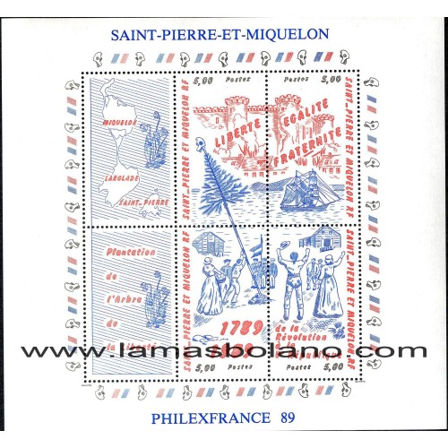 SELLOS SAN PEDRO Y MIQUELON 1989 - BICENTENARIO DE LA REVOLUCION FRANCESA. PHILEXFRANCE 89 - HOJITA BLOQUE