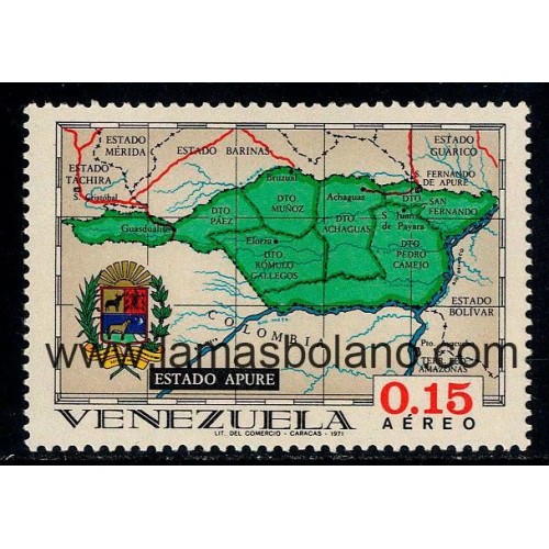 SELLOS VENEZUELA 1970-71 - REGIONES DE VENEZUELA MAPAS GEOGRAFICOS, APURE - 1 VALOR - AEREO