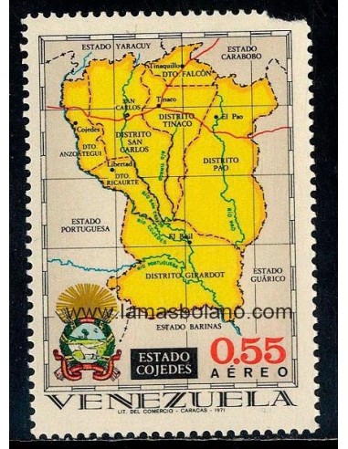 SELLOS VENEZUELA 1970-71 - REGIONES DE VENEZUELA MAPAS GEOGRAFICOS, COJEDES - 1 VALOR - AEREO