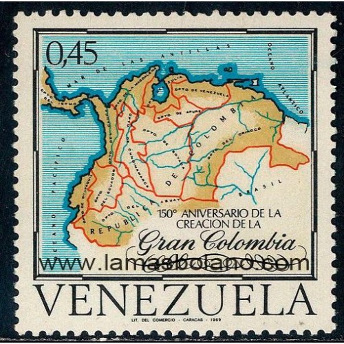 SELLOS VENEZUELA 1969 - GRAN COLOMBIA 150 ANIVERSARIO DE LA CREACION - 1 VALOR - CORREO