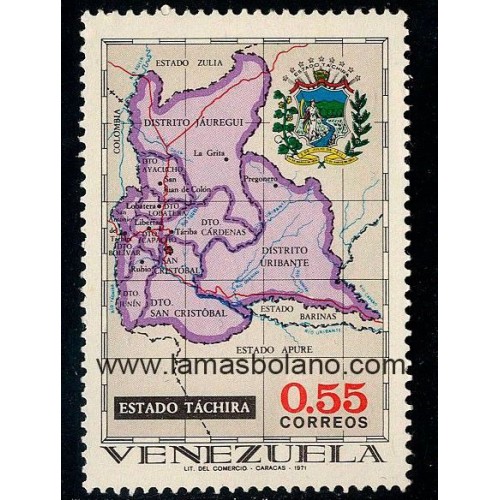 SELLOS VENEZUELA 1971 - REGIONES DE VENEZUELA. MAPAS GEOGRAFICOS, TACHIRA - 1 VALOR - CORREO