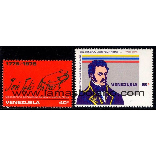 SELLOS VENEZUELA 1976 - GENERAL JOSE FELIX RIBAS BICENTENARIO DEL NACIMIENTO - 2 VALORES - CORREO