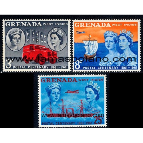 SELLOS GRENADA 1961 - CENTENARIO DEL SERVICIO POSTAL Y DEL SELLO - 3 VALORES FIJASELLO - CORREO