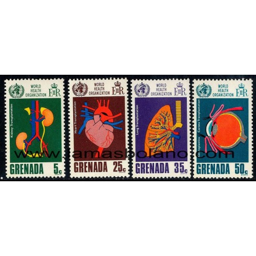 SELLOS GRENADA 1968 - ORGANIZACION MUNDIAL DE LA SALUD 20 ANIVERSARIO. TRANSPLANTES - 4 VALORES - CORREO