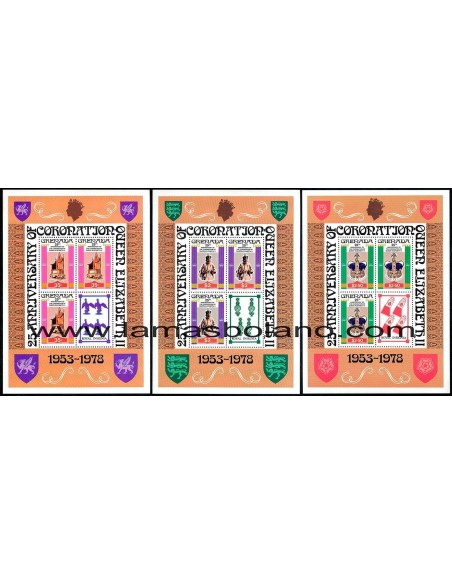 SELLOS GRENADA 1978 - ELIZABETH II 25 ANIVERSARIO DE LA CORONACION - HOJA 3 VALORES Y VIÑETA - CORREO