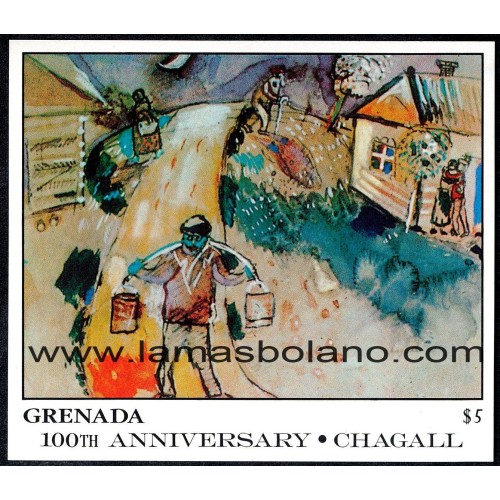 SELLOS GRENADA 1987 - MARC CHAGALL CENTENARIO DEL NACIMIENTO. PINTURA - HOJITA BLOQUE SIN DENTAR