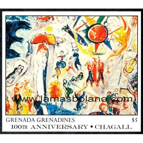 SELLOS GRENADA GRENADINES 1987 - MARC CHAGALL CENTENARIO DEL NACIMIENTO. PINTURA - HOJITA BLOQUE SIN DENTAR