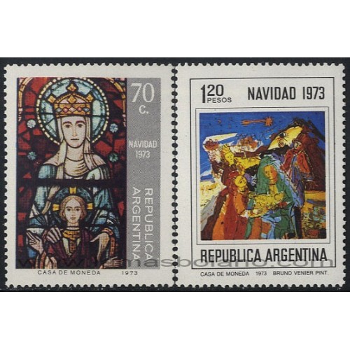 SELLOS DE ARGENTINA 1973 - NAVIDAD VIDRIERA Y PINTURA - 2 VALORES - CORREO
