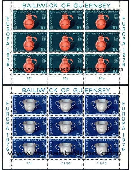 SELLOS GUERNSEY 1976 - EUROPA CEPT. ARTESANIA - 2 VALORES MINI HOJITAS - CORREO