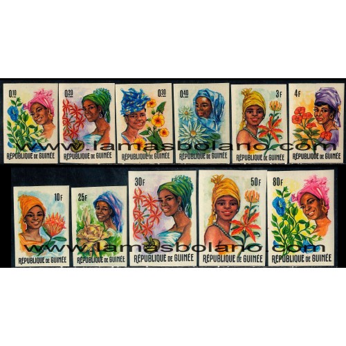 SELLOS GUINEA REPUBLICA 1966 - GUINEANAS Y FLORES - 11 VALORES SIN DENTAR - CORREO