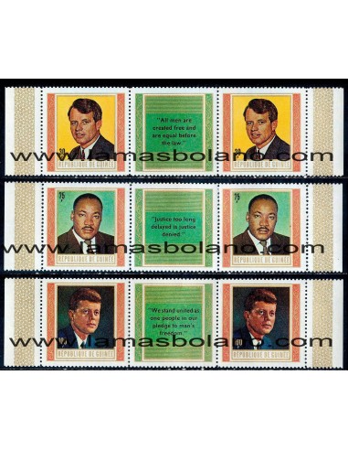 SELLOS GUINEA REPUBLICA 1968 - ROBERT F.KENNEDY, MARTIN LUTHER KING, JOHN F. KENNEDY - 6 VALORES VIÑETA DIPTICOS - CORREO