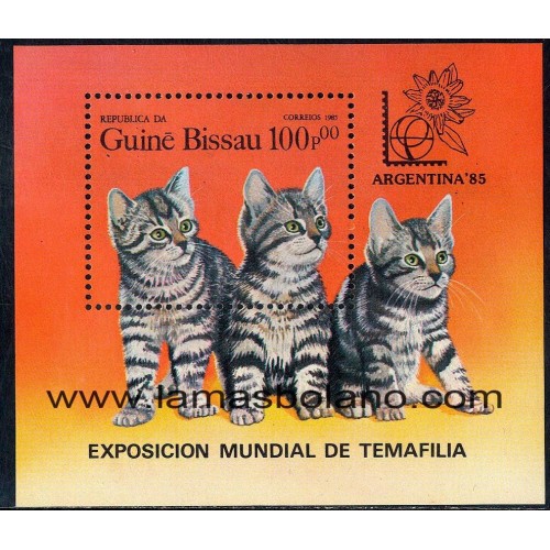 SELLOS GUINEA BISSAU 1985 - ARGENTINA 85 EXPOSICION FILATELICA EN BUENOS AIRES. GATOS - HOJITA BLOQUE