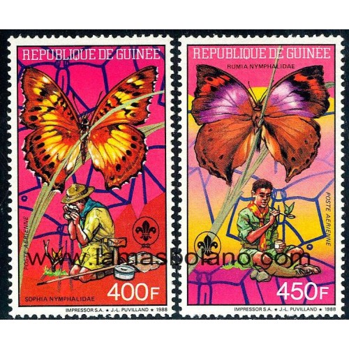 SELLOS GUINEA REPUBLICA 1988 - FAUNA Y BOY SCOUTS - 2 VALORES - AEREO
