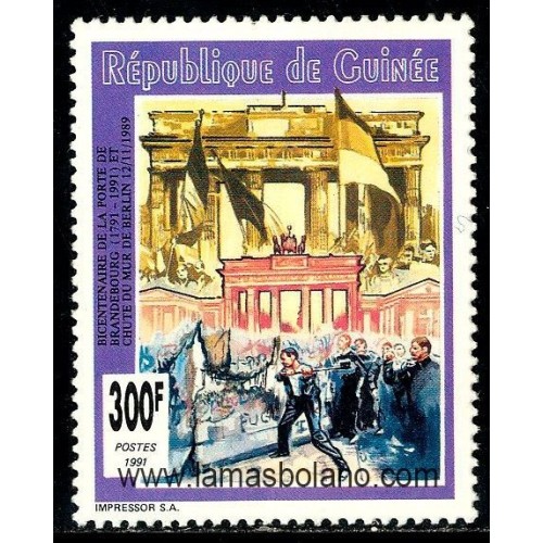 SELLOS GUINEA REPUBLICA 1991 - PUERTA DE BRANDENBURGO Y CAIDA DEL MURO DE BERLIN - 1 VALOR - CORREO