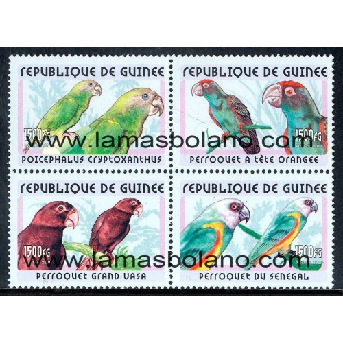 SELLOS GUINEA REPUBLICA 2001 - PAJAROS LOROS - 4 VALORES BLOQUE 4 - CORREO