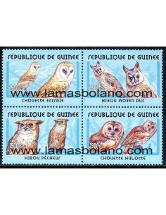 SELLOS GUINEA REPUBLICA 2001 - PAJAROS. RAPACES NOCTURNAS - 4 VALORES BLOQUE 4 - CORREO