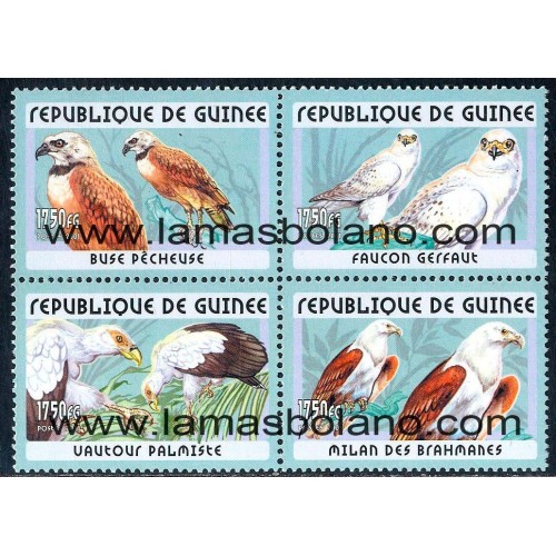 SELLOS GUINEA REPUBLICA 2001 - PAJAROS RAPACES DIURNAS - 4 VALORES BLOQUE 4 - CORREO