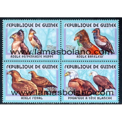 SELLOS GUINEA REPUBLICA 2001 - PAJAROS AGUILAS RAPACES DIURNAS - 4 VALORES BLOQUE 4 - CORREO