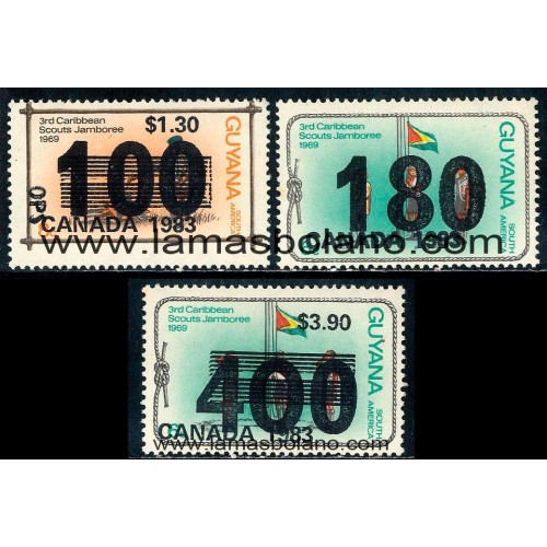SELLOS GUYANA 1983 - 15 JAMBOREE EN CANADA - 3 VALORES SOBRECARGADOS - CORREO