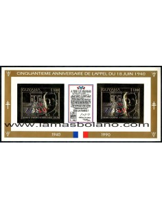 SELLOS GUYANA 1991 - GENERAL DE GAULLE. LLAMADA DE 18 JUNIO 1940 - 2 MINI HOJITAS 2 VALORES ORO Y PLATA - CORREO 2