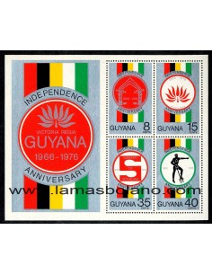 SELLOS GUYANA 1976 - 10 ANIVERSARIO DE LA INDEPENDENCIA - HOJITA BOQUE